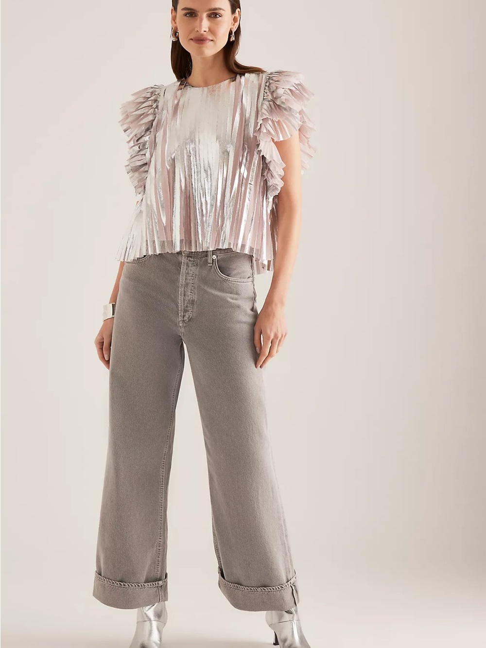 Anthropologie Pleated Foil Top Statement Blouse Metallic Pink Silver Size Small - Picture 6 of 14